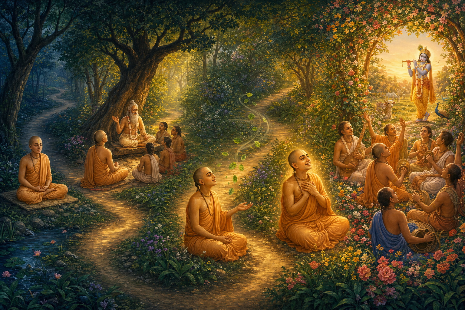 A winding forest path connects five scenes of meditation, hearing, encountering tulasi, awakening affection for Krishna, and joining devotional singing.