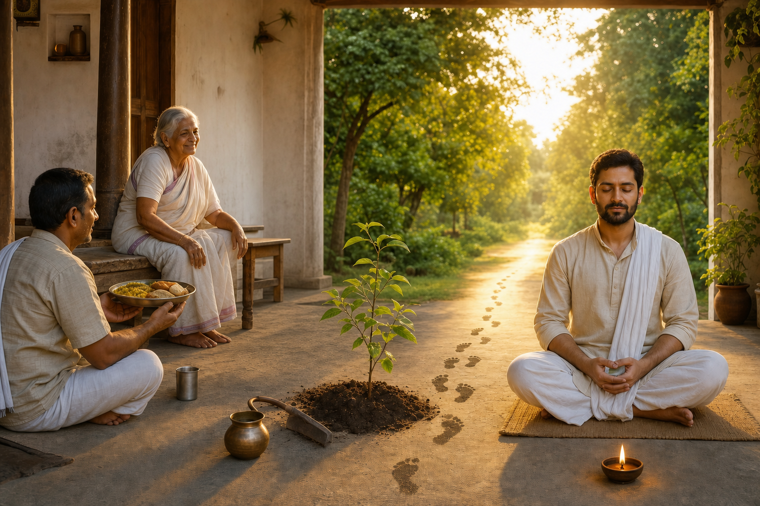 A householder cares for an elder, shares food, tends a tree, and meditates in a sunlit Indian courtyard.