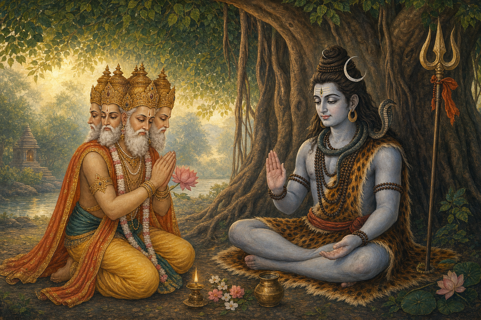 Brahma bows with joined palms toward Siva beneath a banyan tree beside an oil lamp, flowers, and a water vessel.