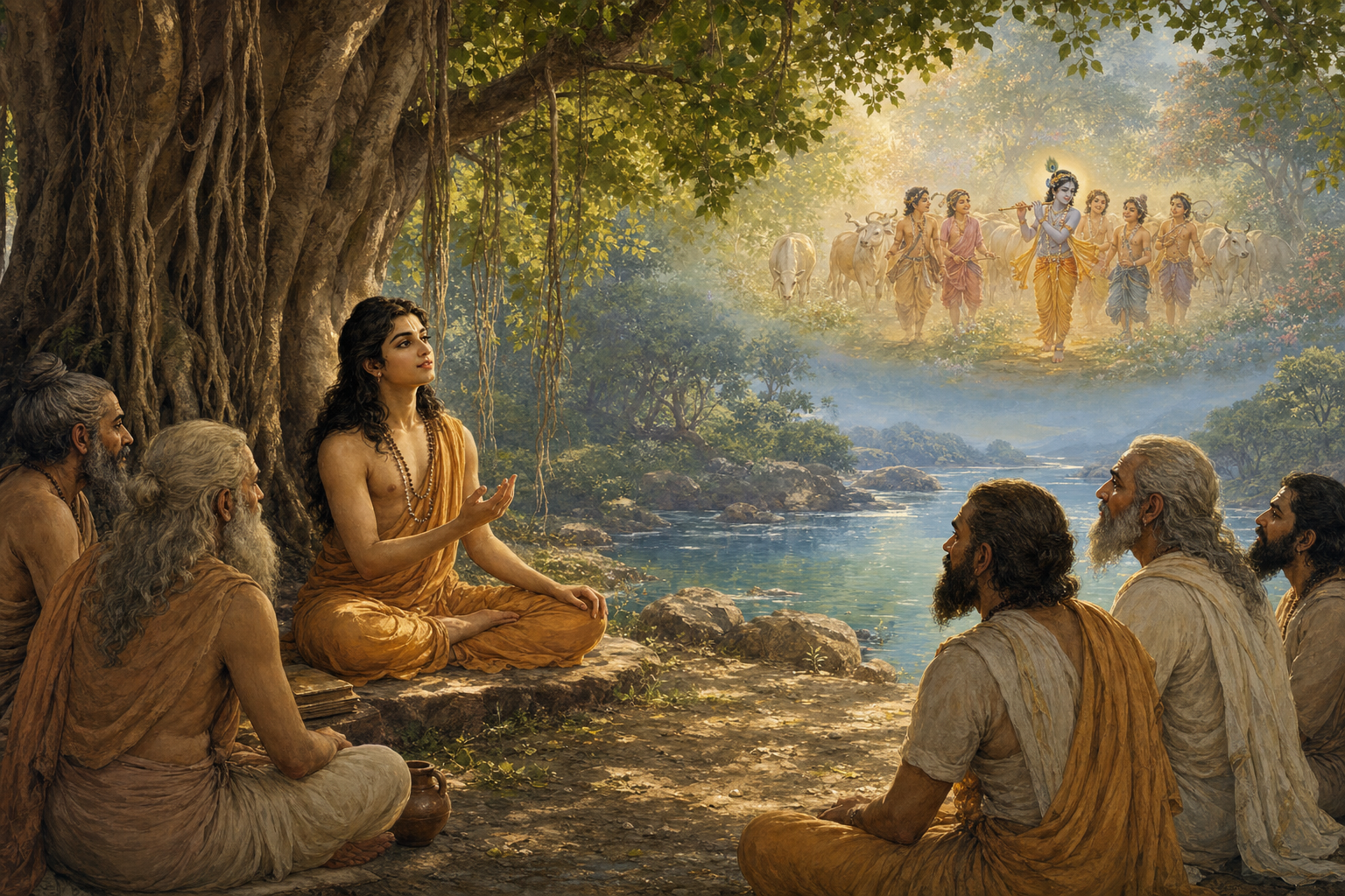 Sukadeva sits beneath a banyan tree speaking to sages while a luminous vision of Krishna with cows and friends appears above the nearby river.