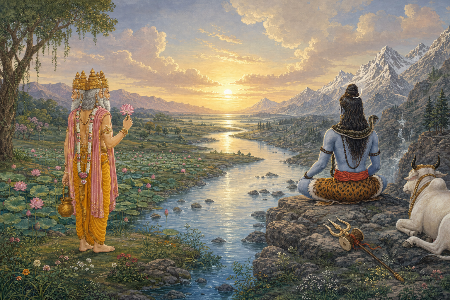 Brahma stands by a lotus pond while Siva meditates on a Himalayan rise, with a river joining the two distinct landscapes.