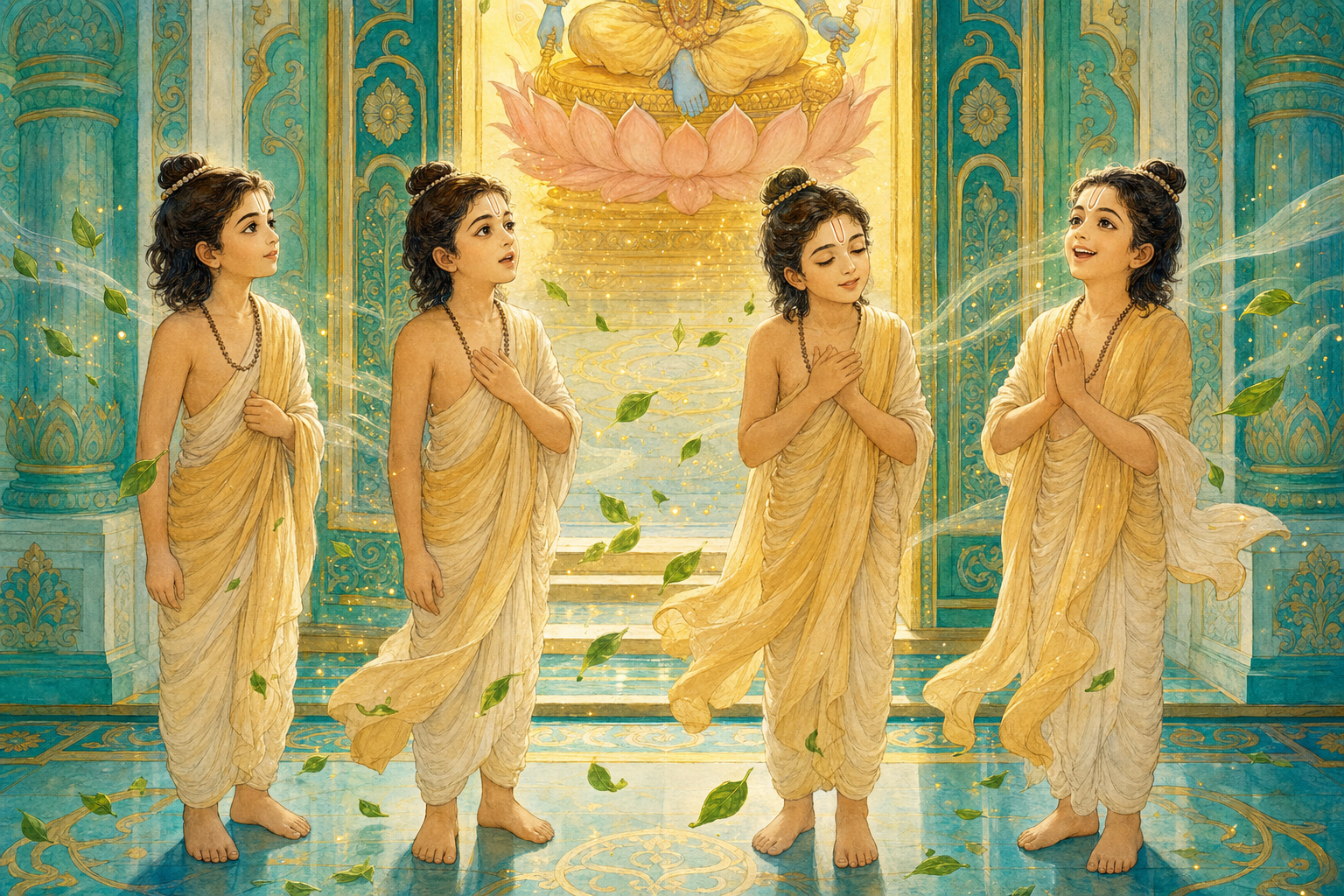Four youthful Kumaras stand at a luminous temple threshold as a breeze carries tulasi leaves from Vishnu's lotus dais toward their faces.