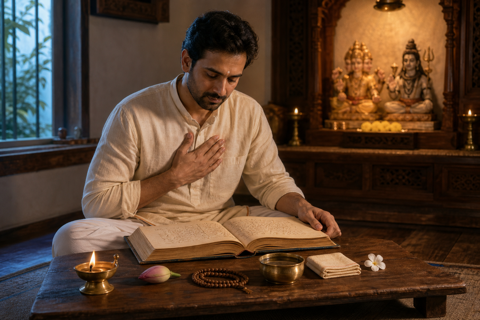 A devotee studies an open manuscript at a low desk beside a lamp, prayer beads, water bowl, cloth, lotus bud, and flower.