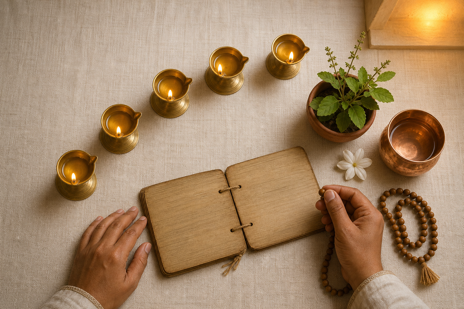 Five brass lamps, a palm-leaf manuscript, prayer beads, tulasi, water, and a white flower are arranged for devotional study as a practitioner's hands hold one bead.