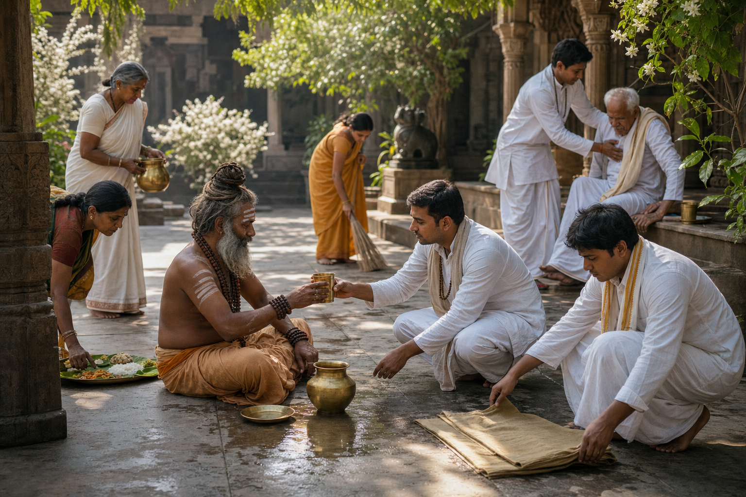 Devotees offer water, food, seating, and other assistance to pilgrims and ascetics in a sunlit temple courtyard.