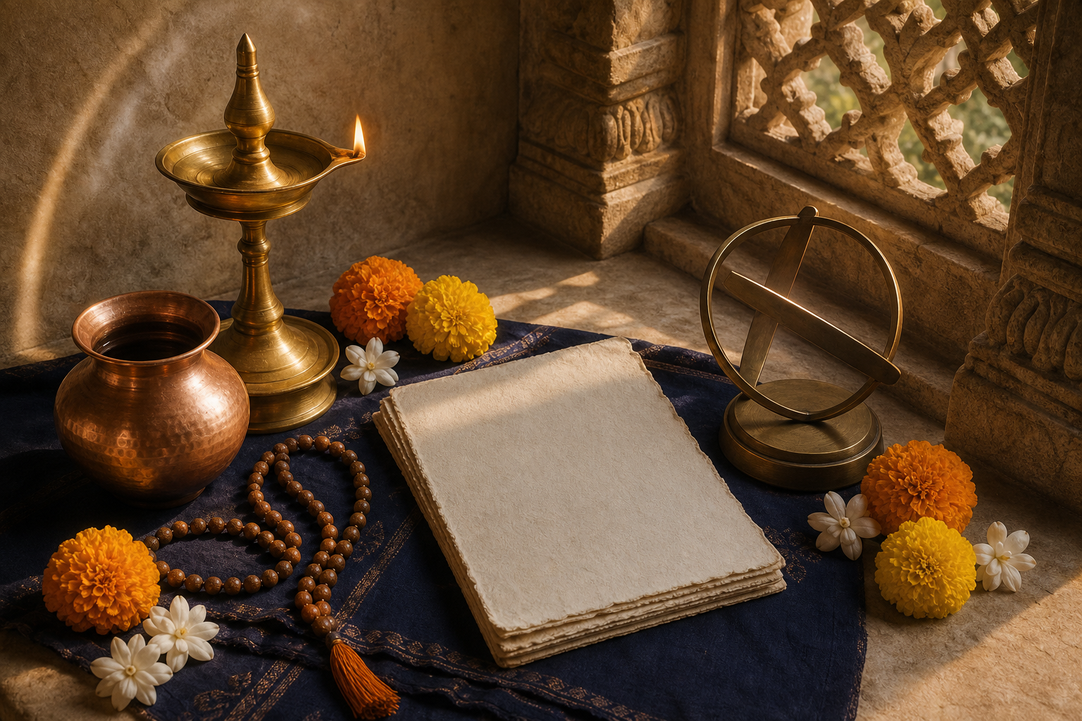 Brass oil lamp, copper vessel, flowers, prayer beads, and an unmarked almanac arranged in warm sunrise light.