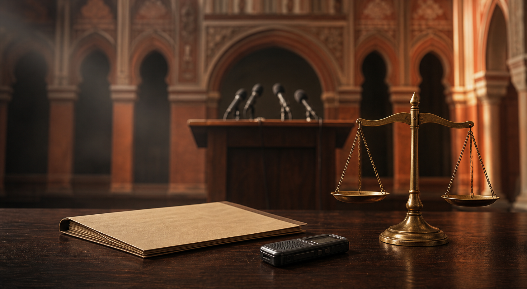 An evidence folder, audio recorder, and balanced scales of justice sit before an empty podium in a West Bengal-inspired setting.