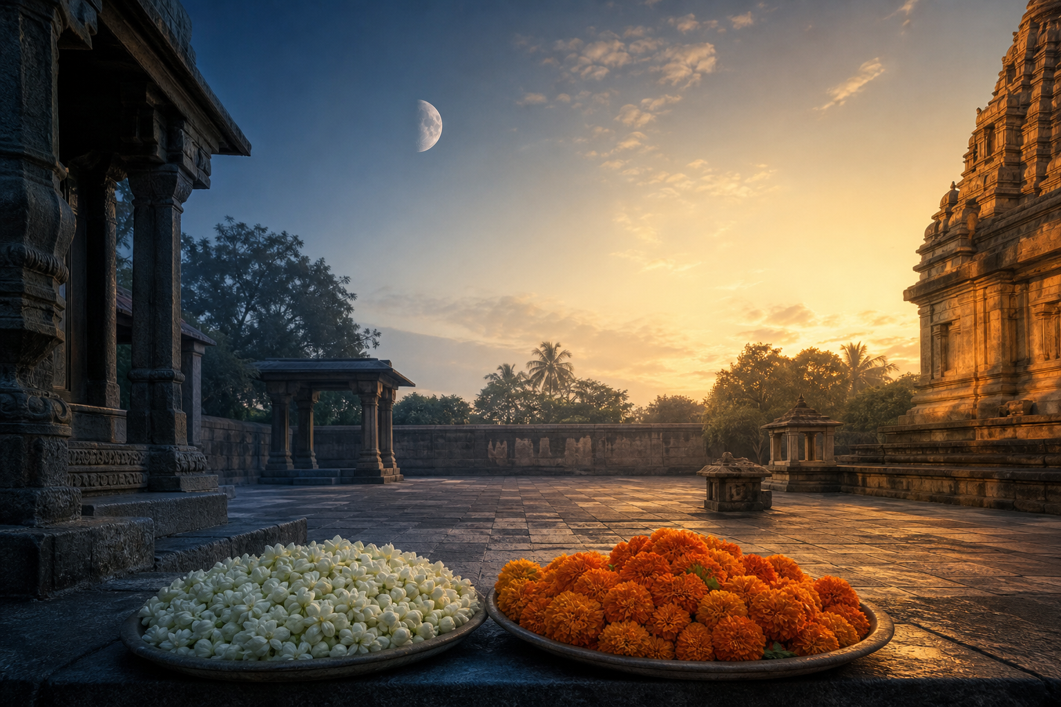 A waning moon above a temple courtyard as cool dawn light changes to warm morning light beside two flower offerings.