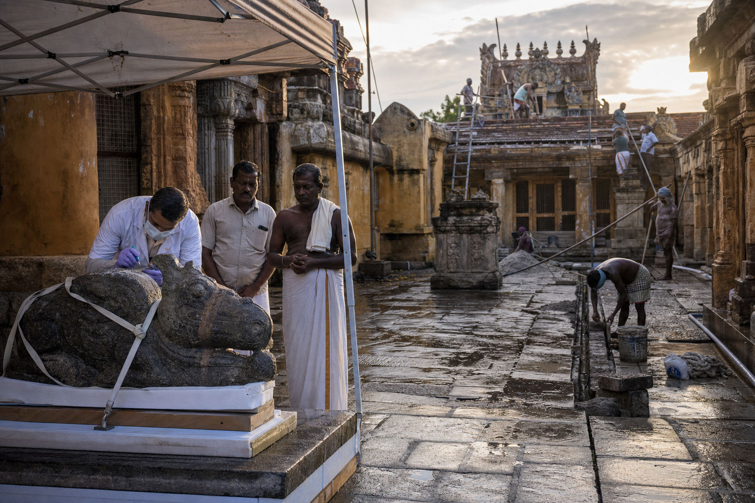 Conservators and temple caretakers protect a returned sacred object while artisans repair masonry, drainage and roofing in a weathered Tamil temple courtyard.