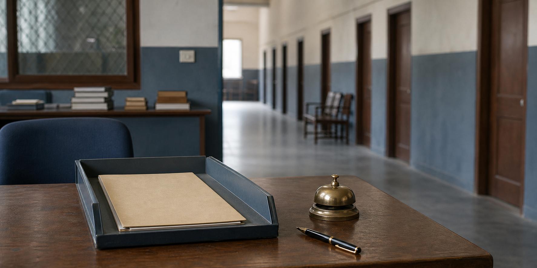 An unmarked folder rests at a police intake desk while a corridor of closed procedural doors extends into the distance.