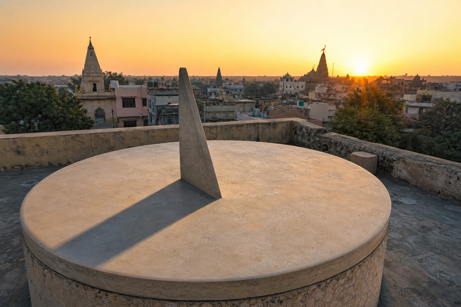 A rooftop stone sundial casts a long sunrise shadow against an Indian city skyline.