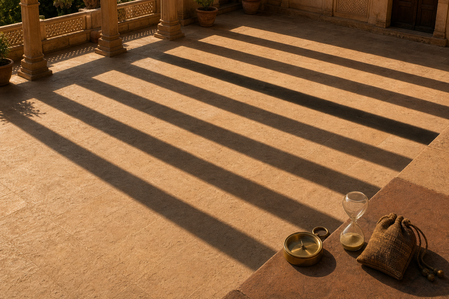 Eight bands of courtyard light and shadow appear beside a brass compass, an unmarked hourglass, and a travel pouch.