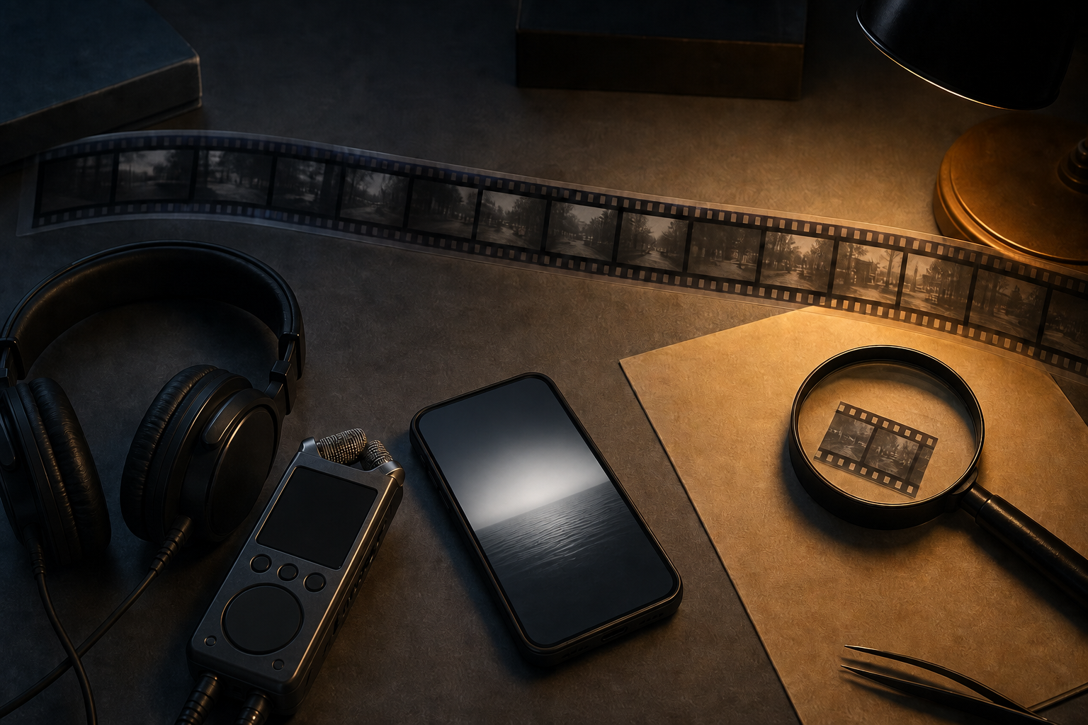 A phone, audio recorder, headphones, and magnifying glass compare a continuous recording with a separated video fragment.