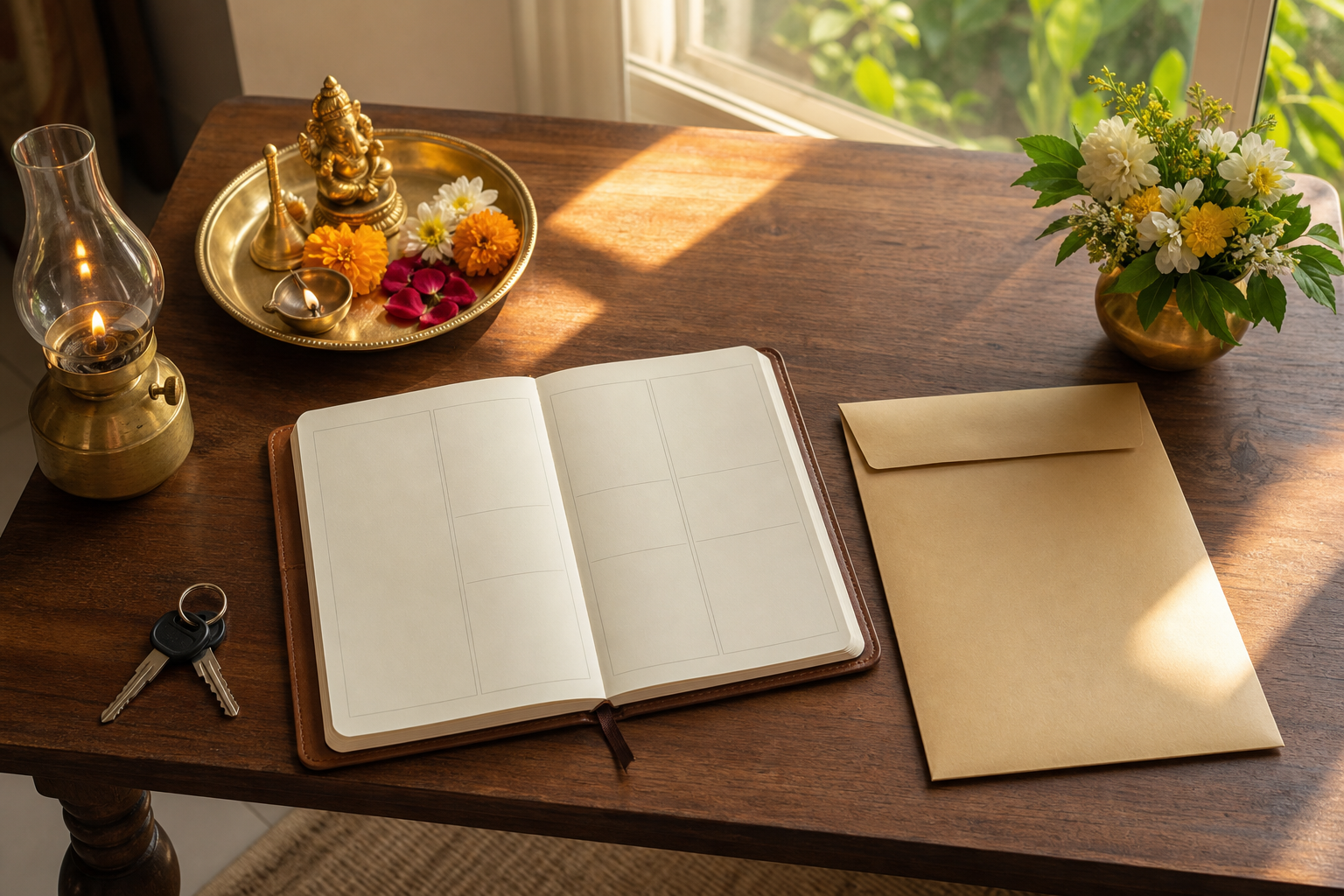 An unmarked planner sits with a puja tray, keys, a plain document folder, flowers, and an oil lamp on a sunlit desk.