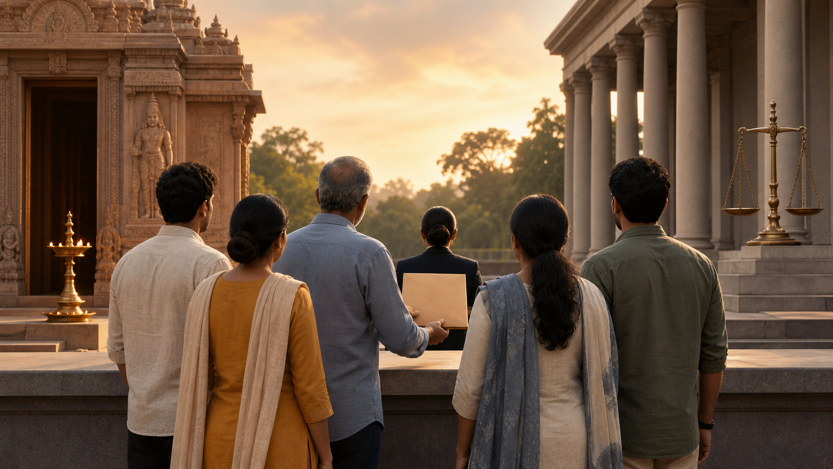 Anonymous citizens calmly submit an evidence folder between a temple doorway and courthouse scales in a peaceful civic setting.