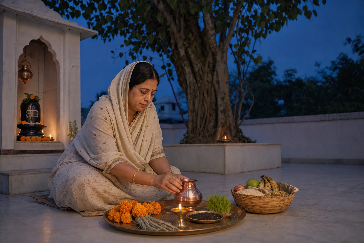 A devotee prepares water, flowers, sesame, kusa grass and charitable offerings beside a Peepal tree and a small home shrine at dawn.