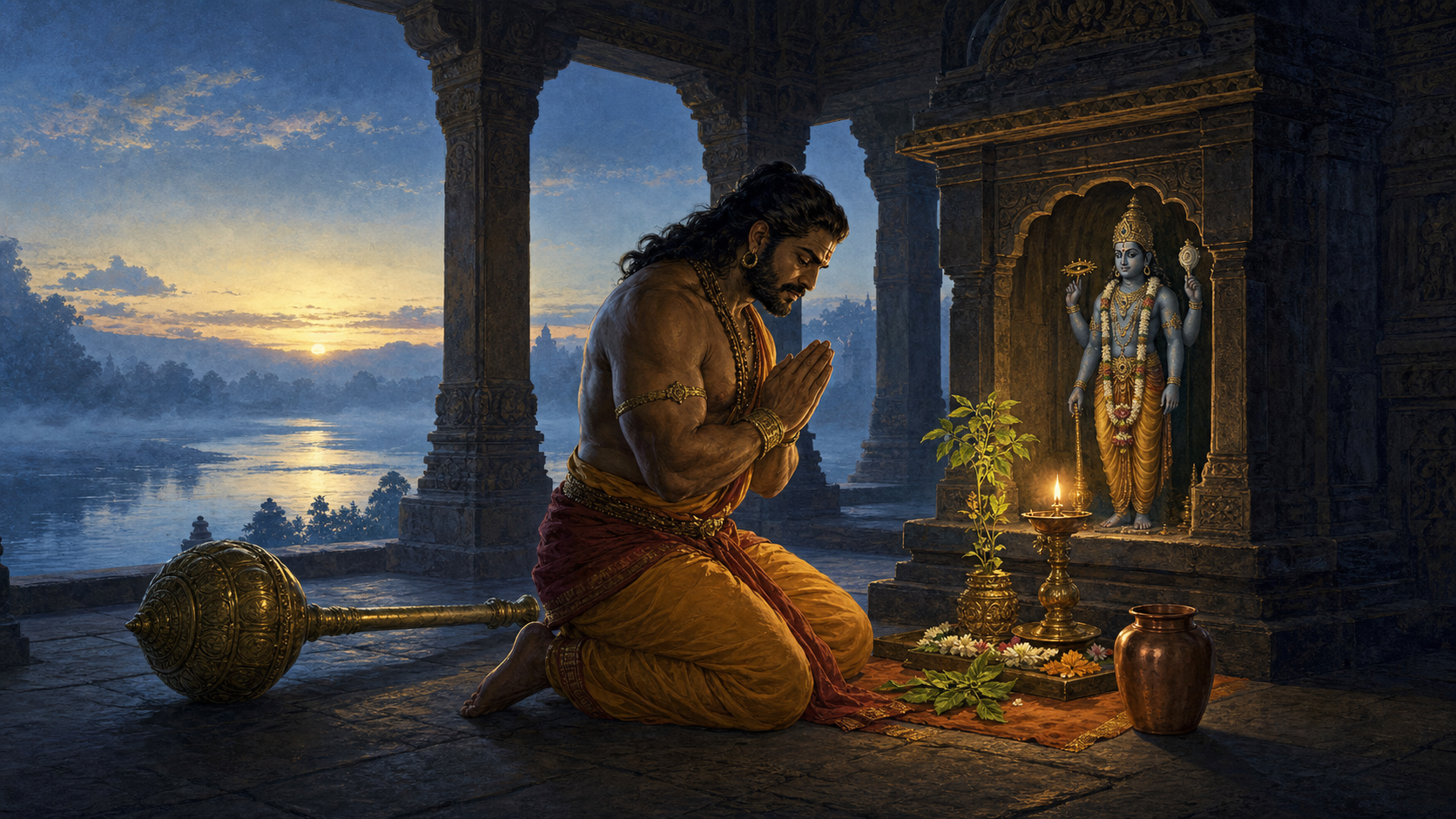 An artistic depiction of Bhima kneeling in prayer before a Vishnu shrine at dawn, with his mace resting behind him and a copper water vessel beside the altar.