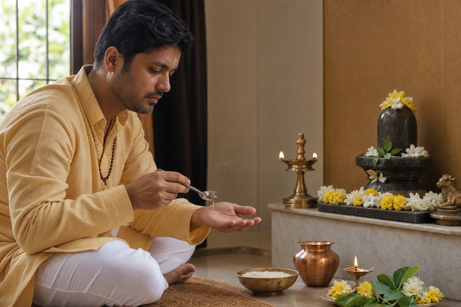 A seated devotee makes a sankalpa before a small home altar with a Shiva linga, lamp, water vessel, flowers and bilva leaves.