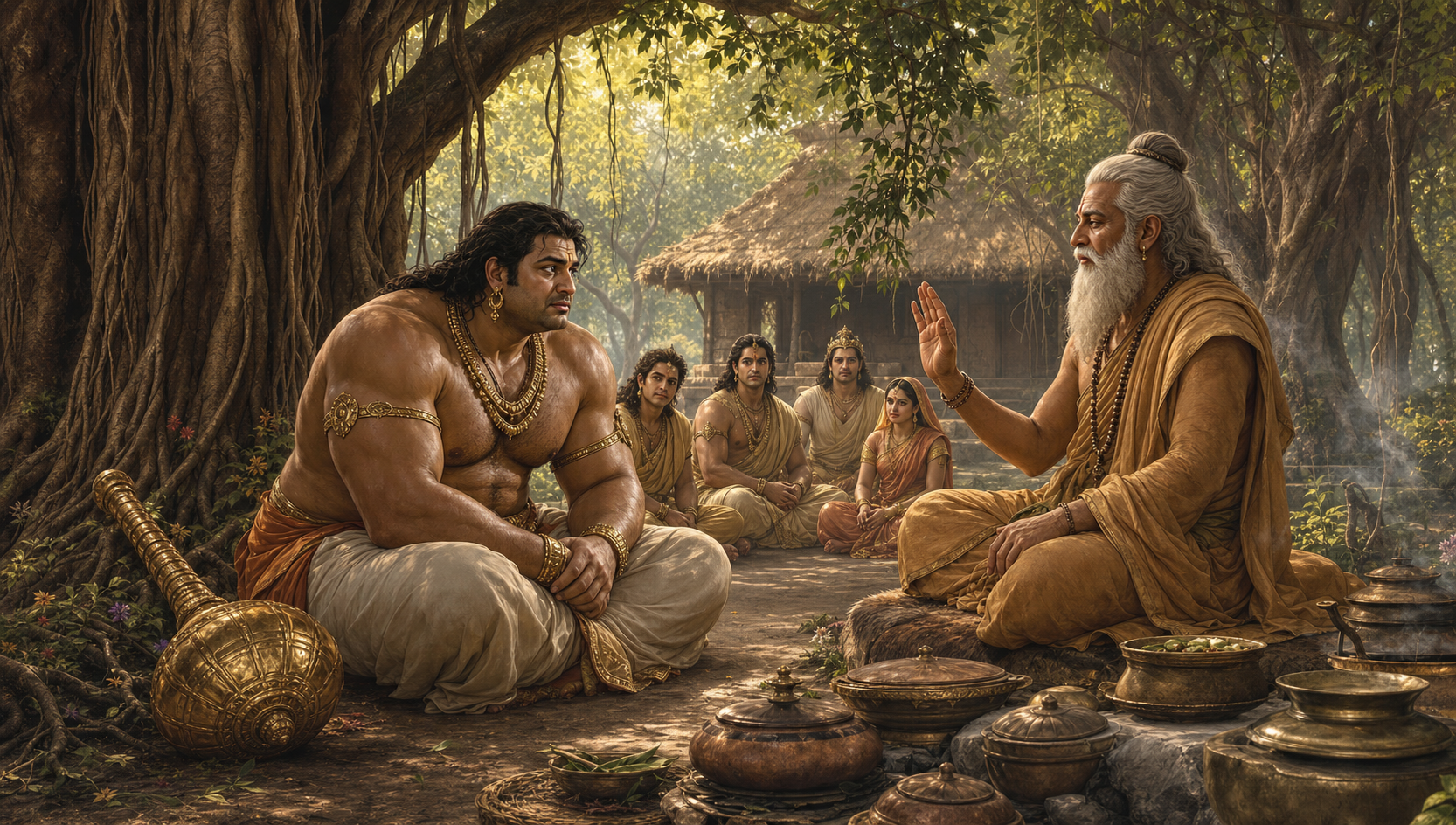 Bhima sits with folded hands before the sage Vyasa in a forest hermitage while members of the Pandava household listen nearby.