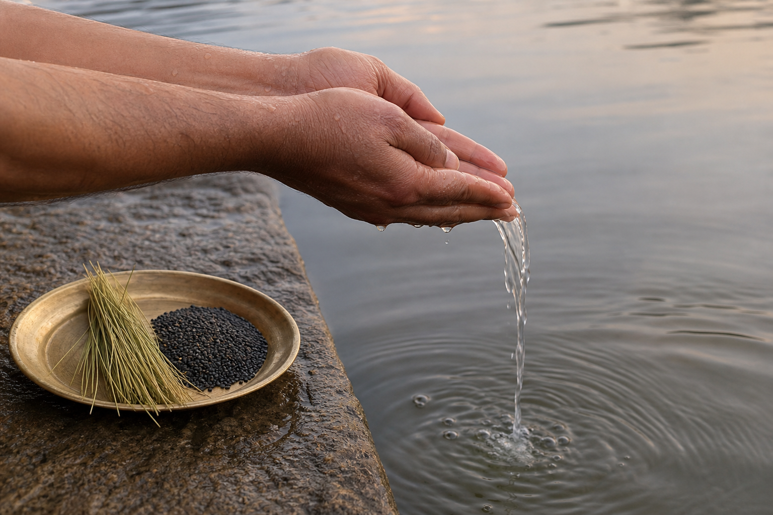 A devotee pours water from joined hands beside black sesame seeds and kusa grass during a respectful tarpan offering.