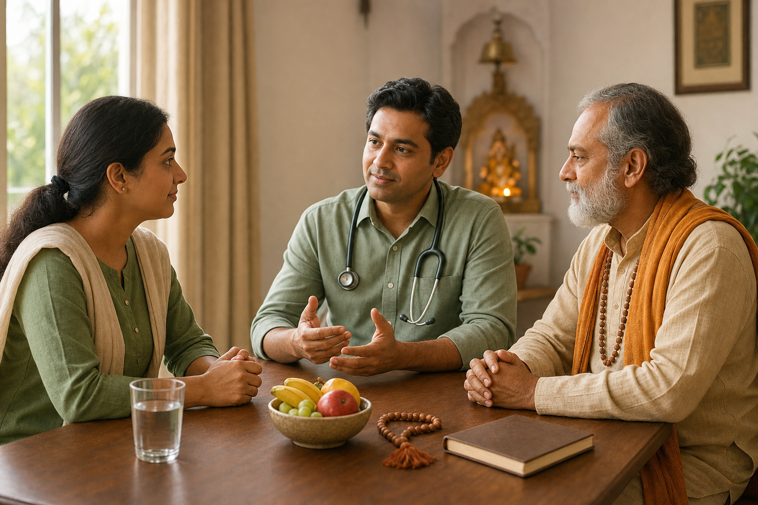 An adult devotee discusses a fasting decision with a physician and a Hindu spiritual guide at a table holding water, fruit, and prayer beads.