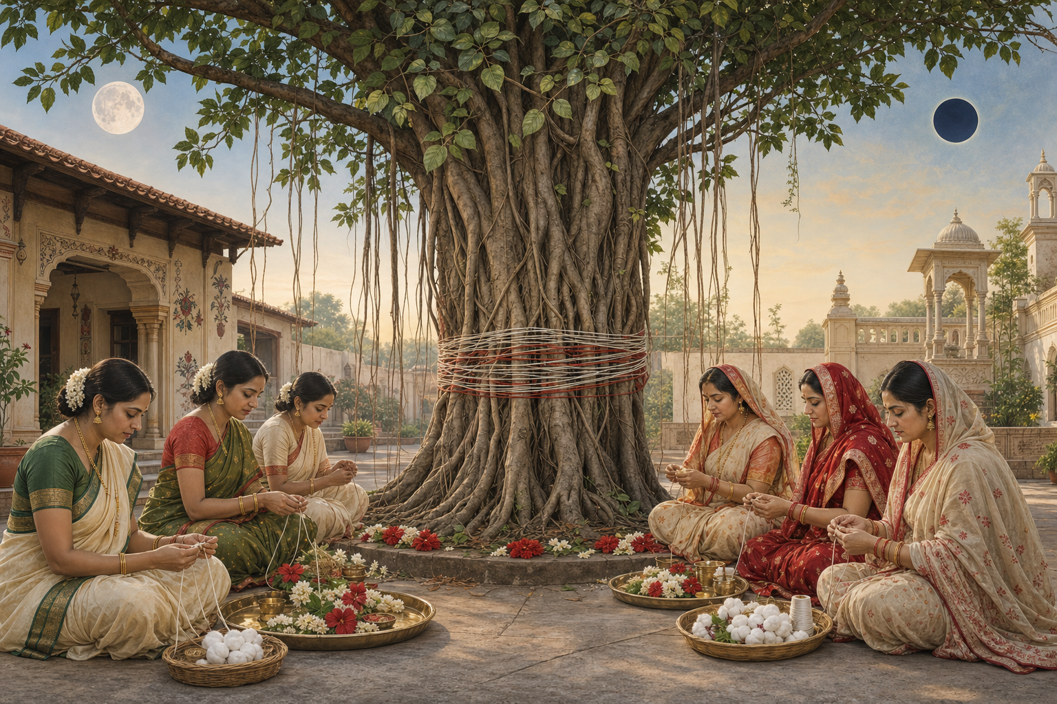 A diptych shows Vat Savitri preparations beneath banyan trees with full-moon and new-moon imagery representing two regional date traditions.