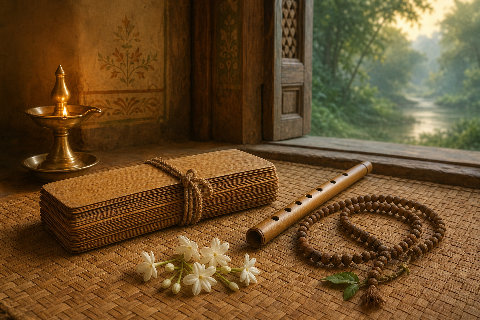 A bundle of palm-leaf folios lies beside a bamboo flute, tulsi beads, jasmine flowers, and a brass oil lamp on a woven mat.