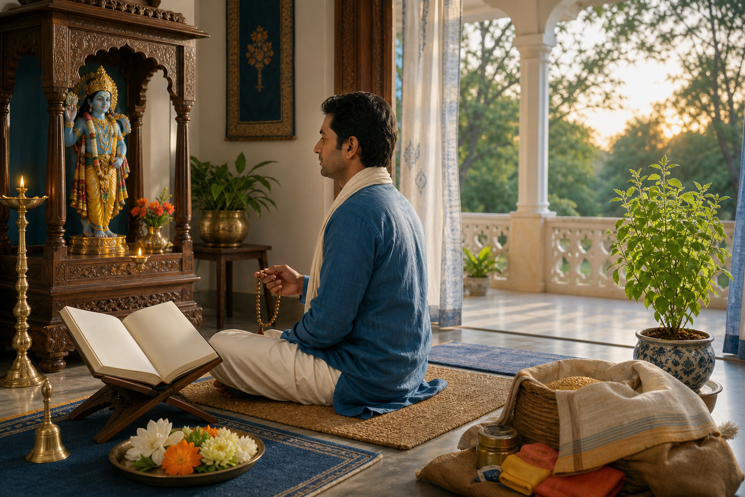 A devotee chants with tulsi prayer beads beside a Vishnu shrine, an open sacred book, flowers, and a basket of goods prepared for charity.