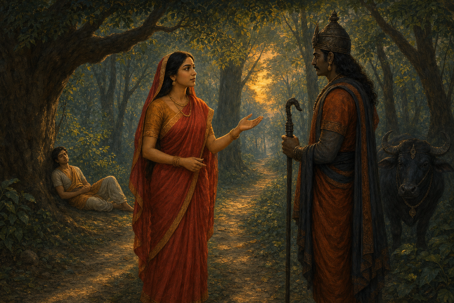 Savitri speaks resolutely with Yama on a forest path while Satyavan rests beneath a tree in the background.