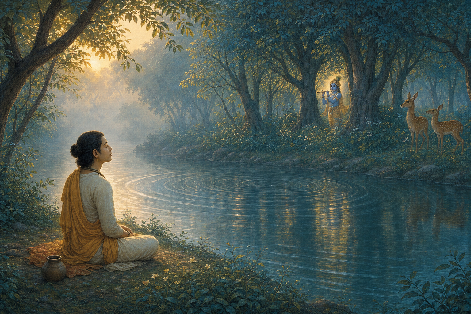 A devotee listens beside a misty river as Krishna plays a flute across the water and nearby deer stand still among the trees.