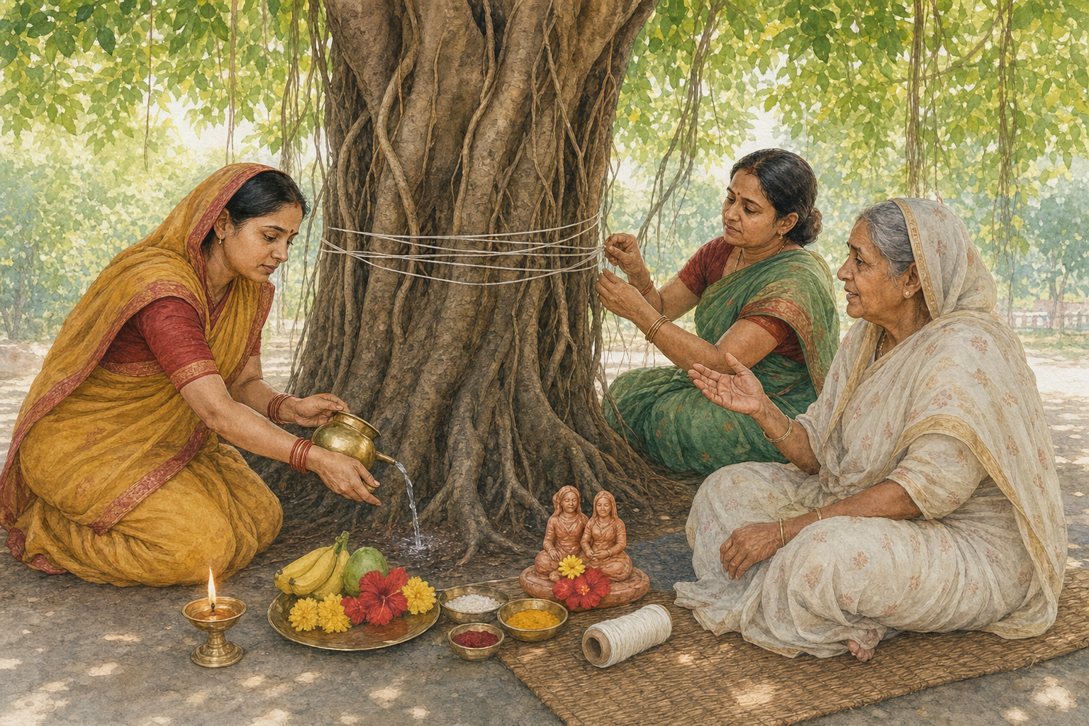 A woman offers water during a simple banyan-tree puja beside flowers, fruit, a lamp, cotton thread, and a Savitri-Gauri image.