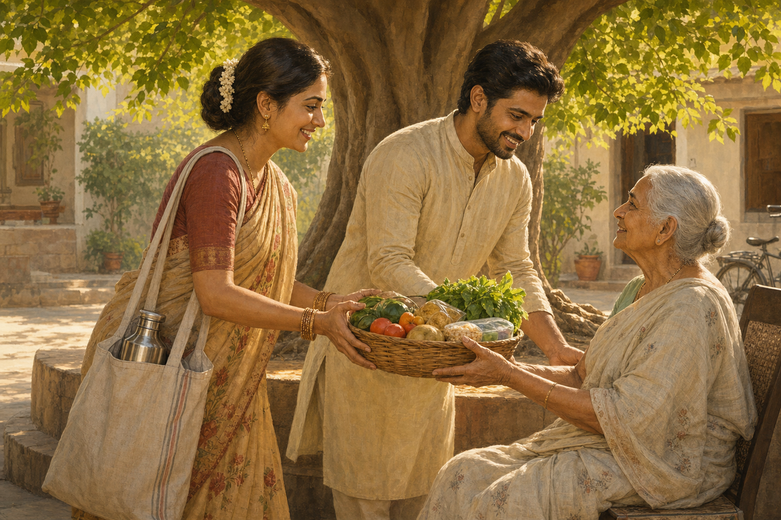 A couple brings a basket of food to an elderly neighbor in a courtyard after worship at a nearby banyan tree.