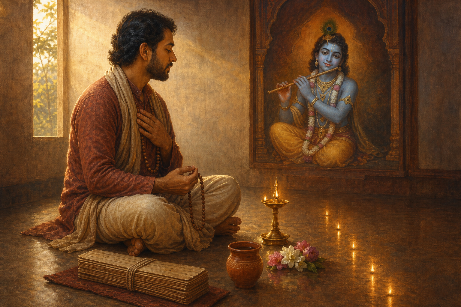 A devotee uses tulsi beads before a small shrine of flute-holding Krishna, with a lamp, flowers, water cup, and closed manuscript bundle nearby.