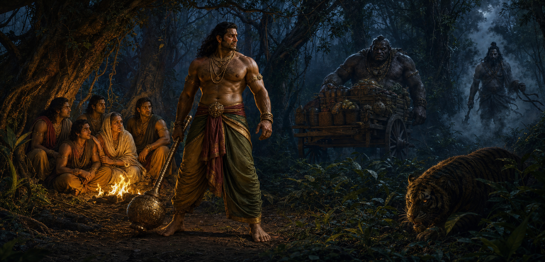 Bhima stands guard with a mace between his resting family and three threatening figures in a twilight forest.