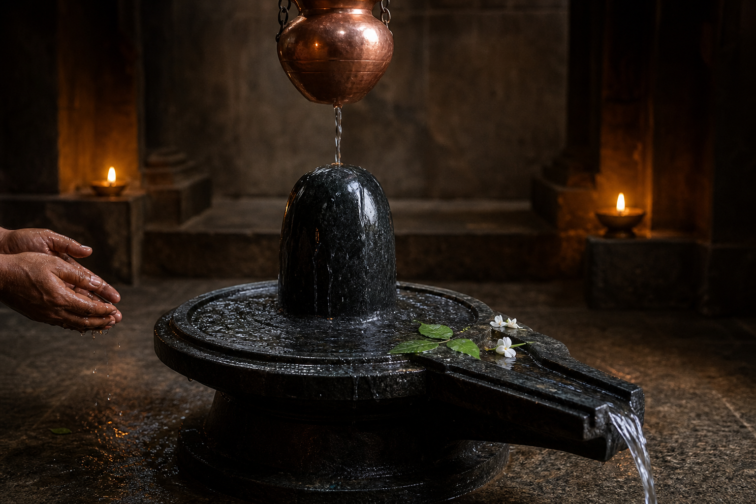 Water flows over the rounded crown of a dark stone Shivalinga, gathers in the yoni-pitha and leaves through its projecting spout during abhishekam.