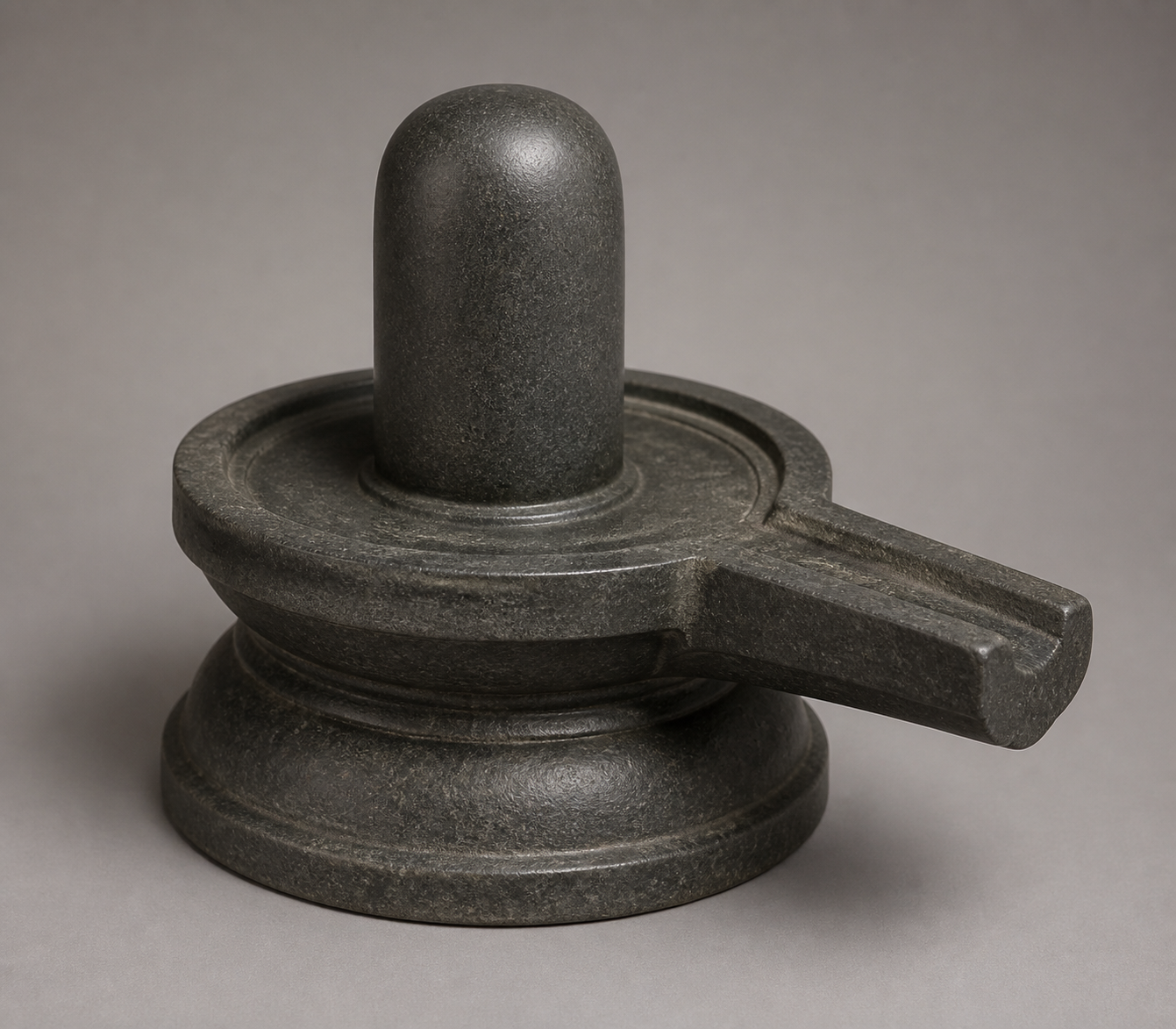 Three-quarter studio view of an assembled stone Shivalinga showing its rounded summit, upright shaft, surrounding pedestal basin and projecting outlet.