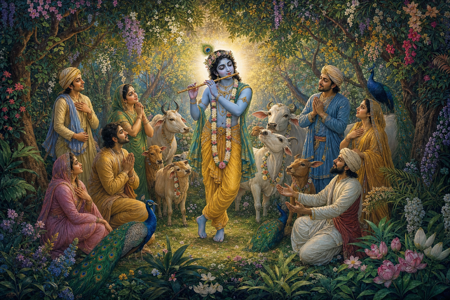 Krishna plays a flute in a flowering grove as adult devotees, cows, calves, and peacocks gather around him in reverent attention.
