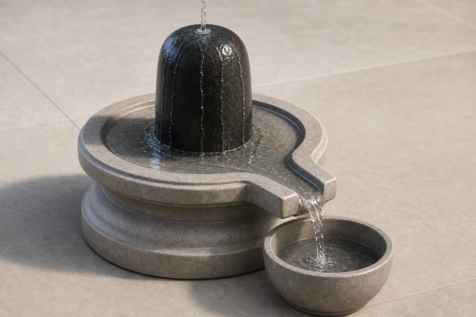 Cutaway-style view showing water spreading from a Shivalinga's rounded summit, descending the shaft, collecting in the pedestal and draining through the spout.
