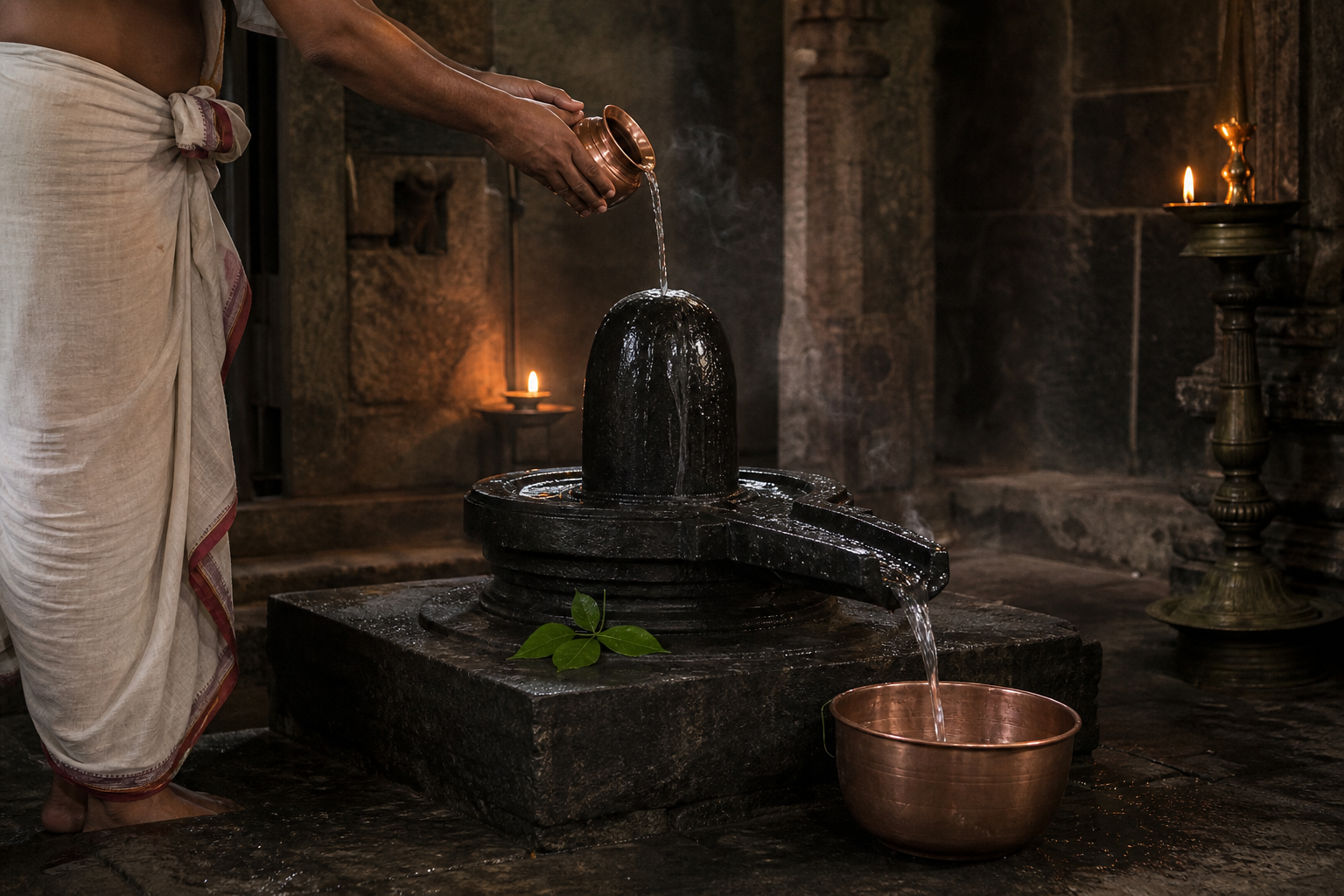 A temple attendant pours water onto a Shivalinga while the liquid flows over the stone and out through the pedestal spout into a vessel.