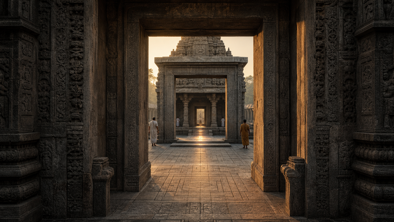 Aligned stone doorways lead toward the shadowed sanctum of a Hindu temple, with nested square patterns in the platform and dawn light crossing the interior.