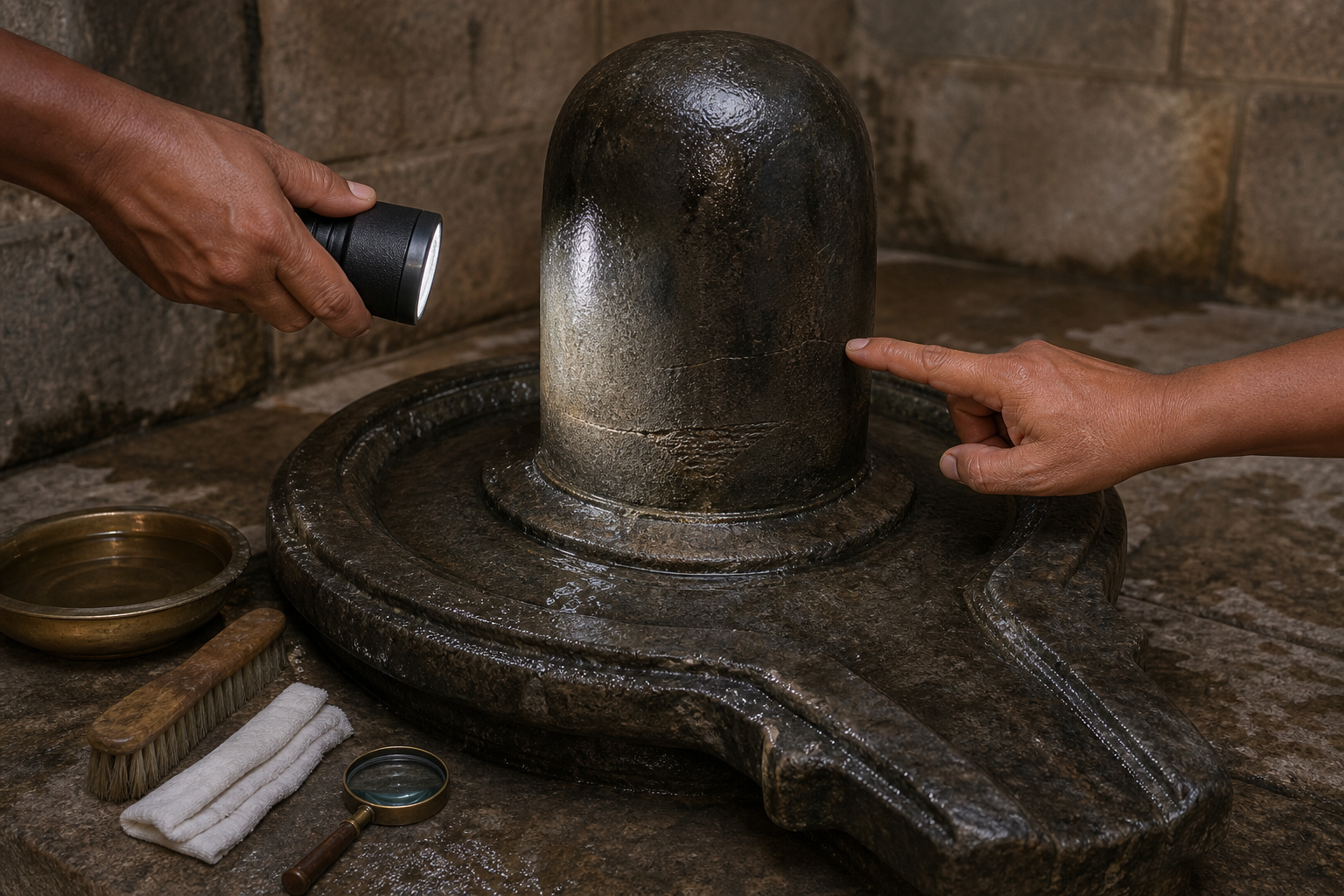 Caretakers use a lamp and magnifier to inspect surface variations and a fine fissure on a stone Shivalinga without performing repairs.