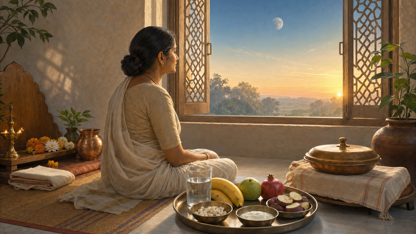 A devotee sits beside a simple home puja space at dawn, with water, fruit, yogurt, lotus seeds, and sweet potato arranged for a fast and a covered meal set aside for later.