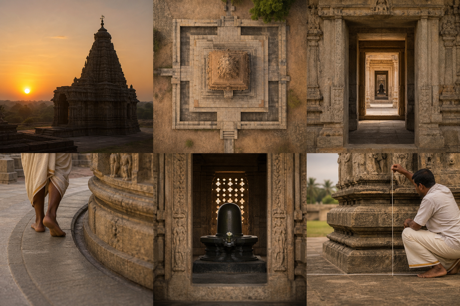 Six visual studies show temple orientation, a square platform, aligned thresholds, a circumambulatory path, a sacred center and proportional measurement.