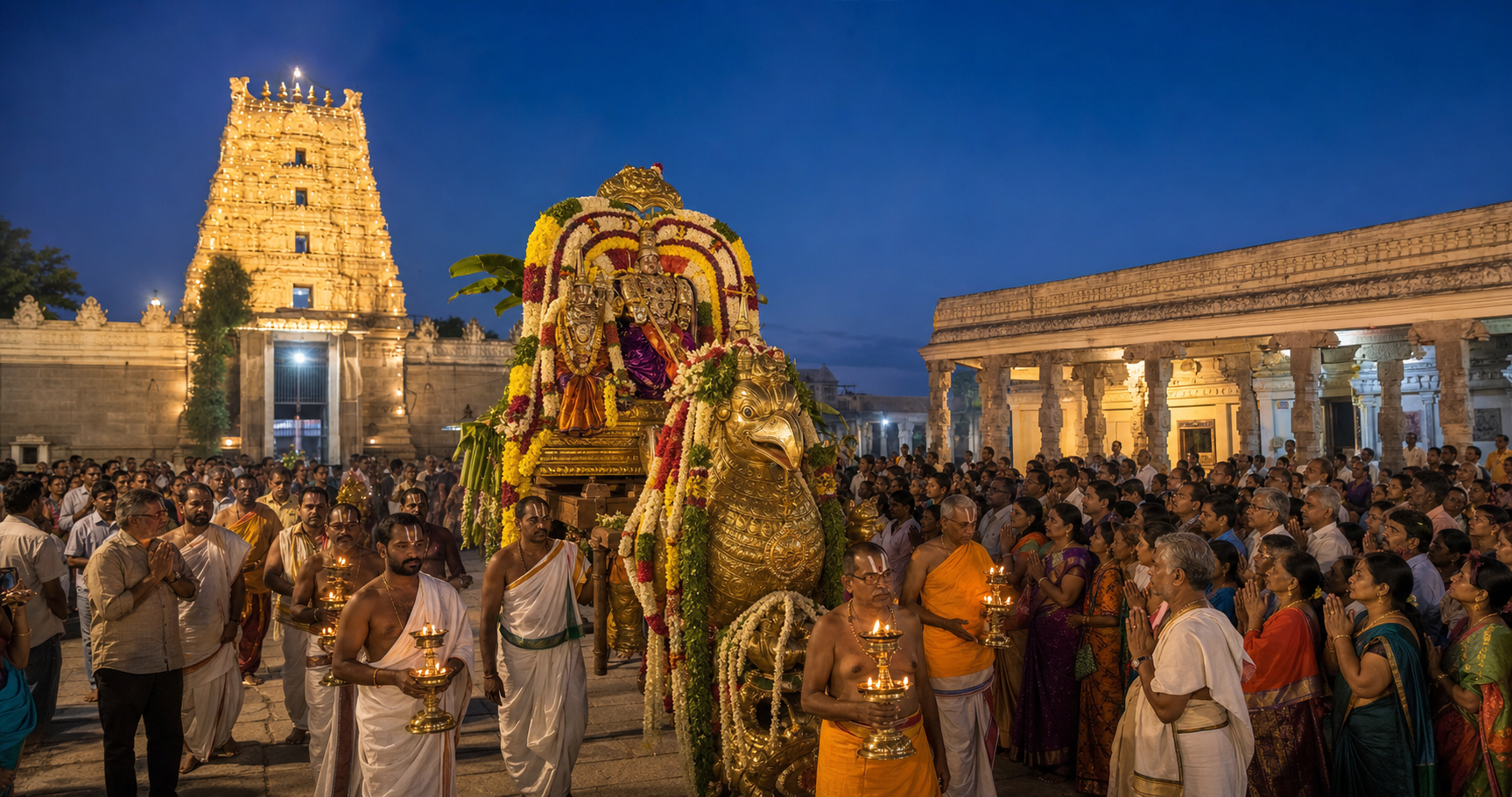 A flower-decorated Garuda vahana procession passes through a South Indian temple courtyard as priests carry lamps and pilgrims gather at blue hour.