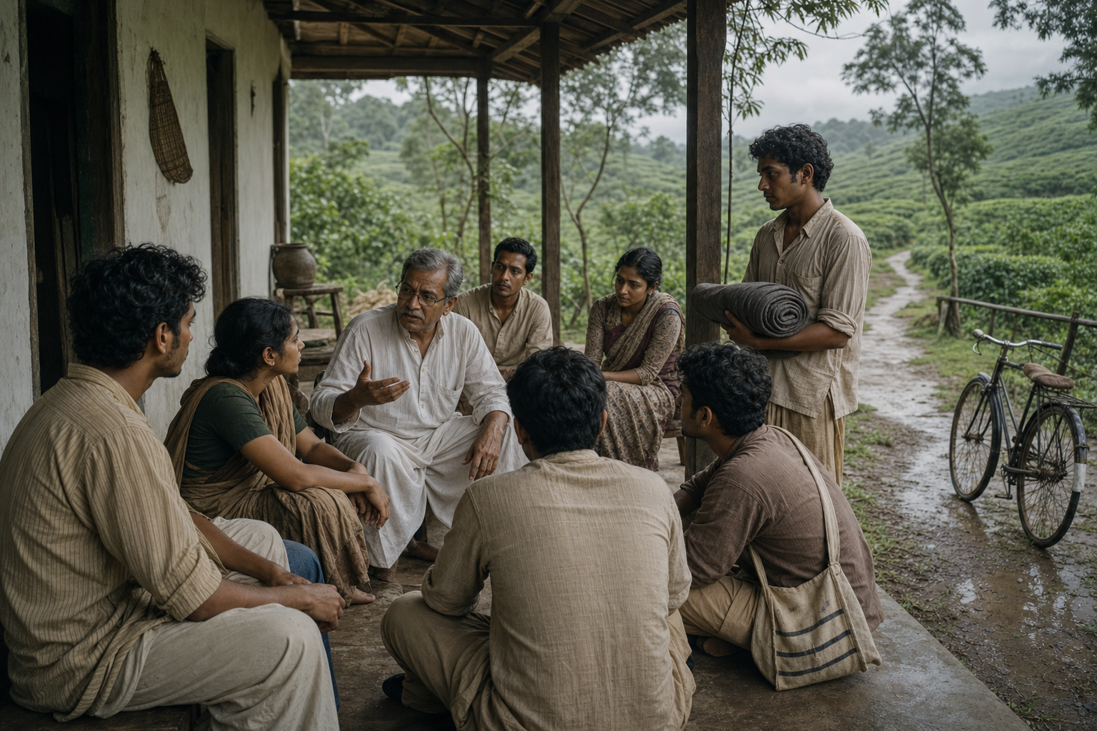 A civilian organiser speaks with a small group of volunteers outside a village house amid the green hills of Sreemangal.