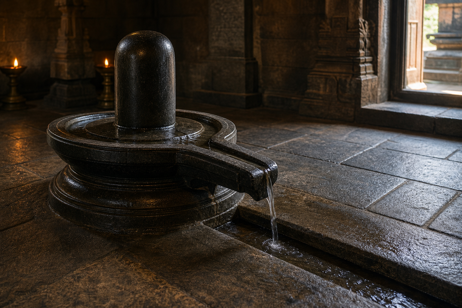 A dark stone Shiva linga stands in its fitted basin as ritual water flows through the projecting outlet into a floor channel.