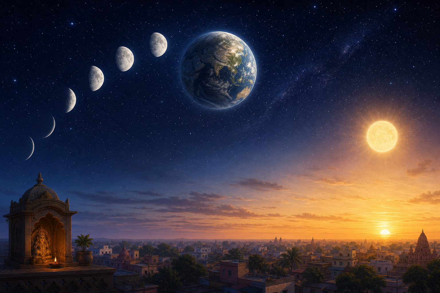 A symbolic view of the sun, moon, and Earth transitions into an Indian town at sunrise, illustrating the relationship between lunar timing and the local dawn.