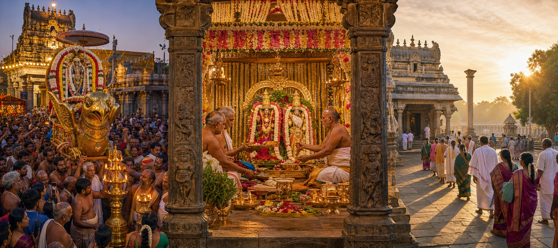 Three temple festival scenes show a crowded Garuda procession, a ceremonial Kalyanotsavam, and a quieter morning visit.