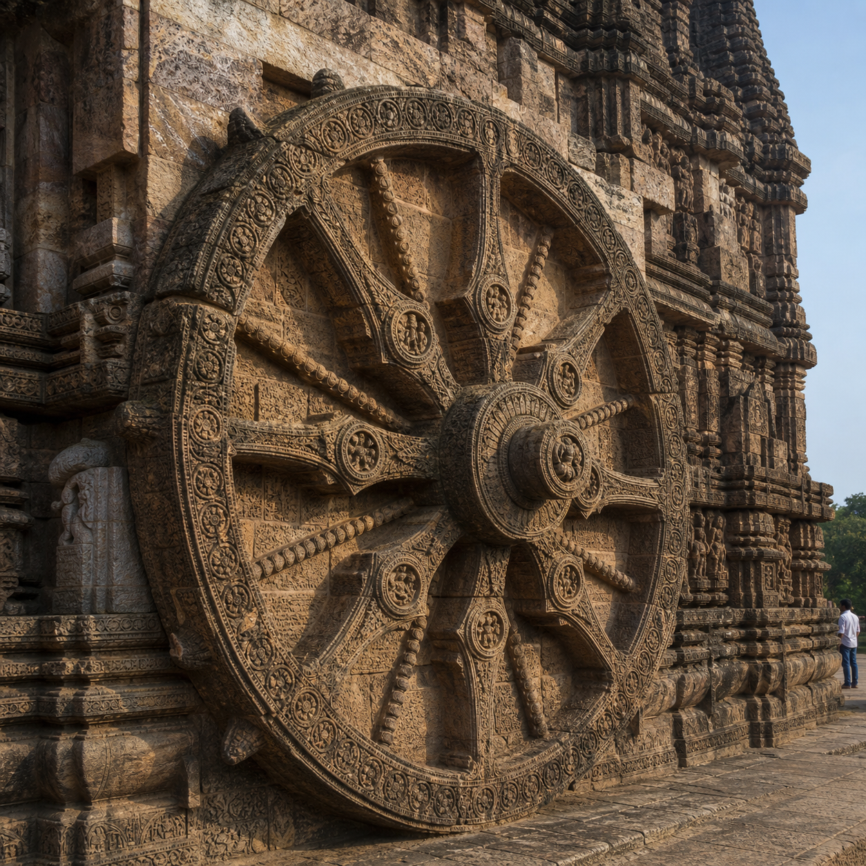 A monumental carved stone wheel with a central hub, radial spokes and decorated rims projects from the exterior masonry of the Konark Sun Temple.