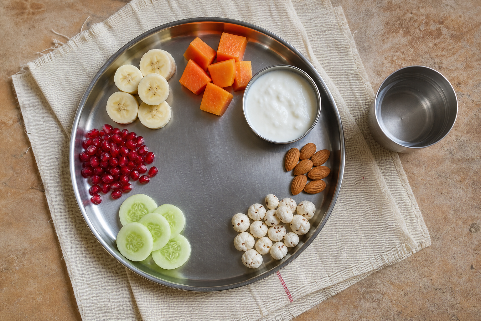 A modest steel fasting plate holds small portions of fruit, cucumber, boiled sweet potato, plain yogurt, almonds, and roasted lotus seeds beside a glass of water.